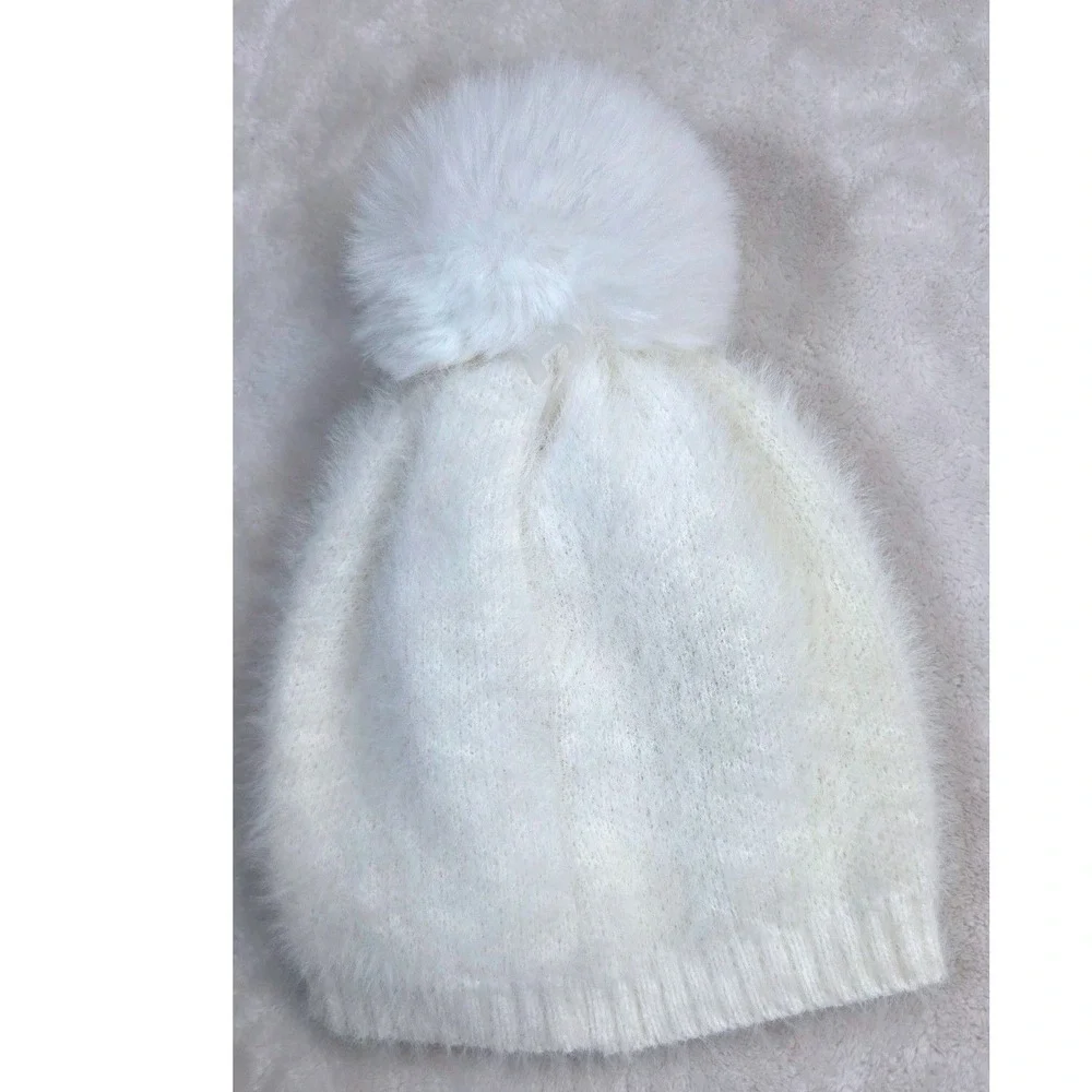 Snowflake Beanie Kids Fuzzy Knit OS White Sequin Pom Pom Hat Y2K Winter Holiday